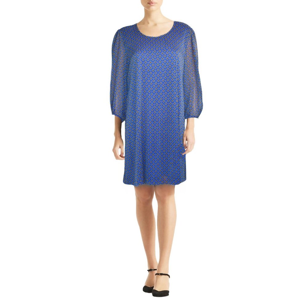Calvin Klein Women’s Dress Blue Diamond Print Georgette Crêpe A-Line ¾ Sleeves